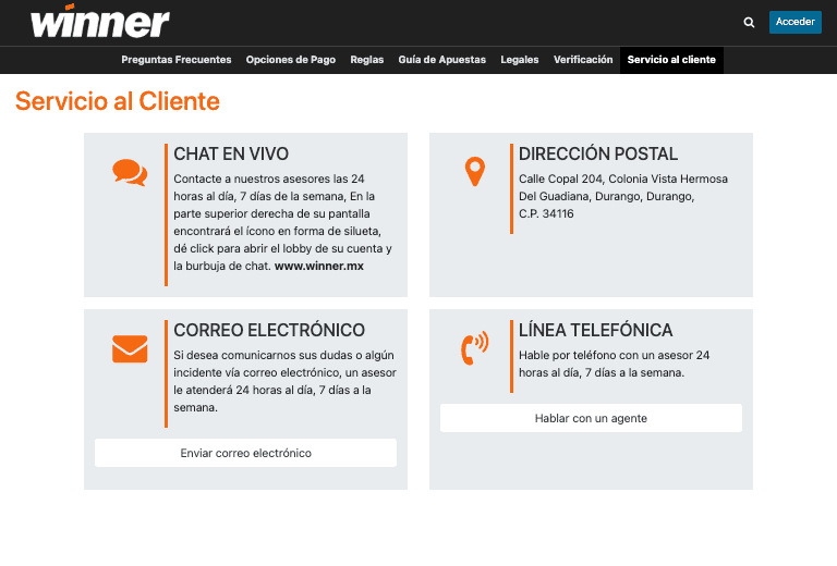 Soporte al cliente Winner