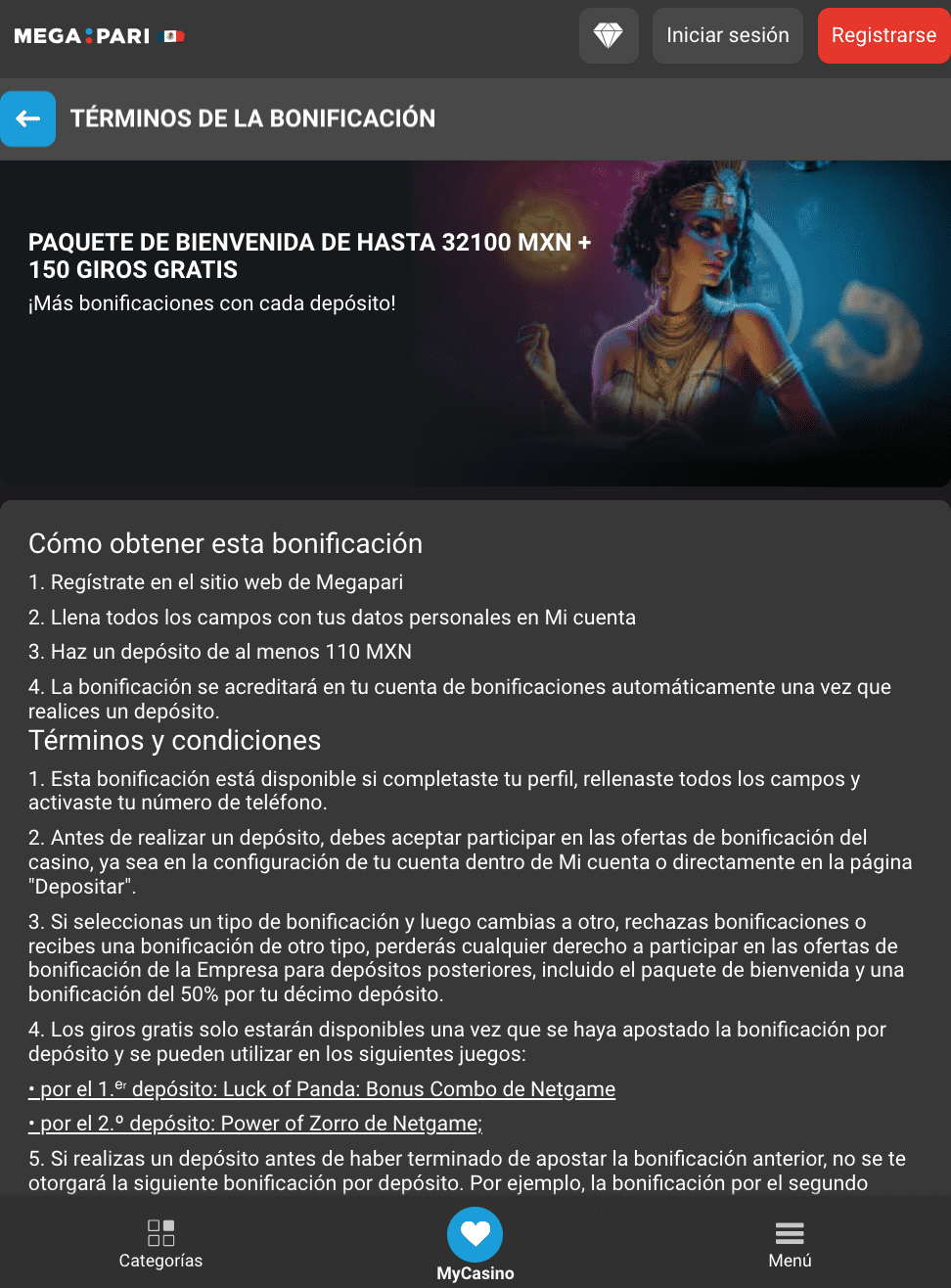 Bono de casino Megapari