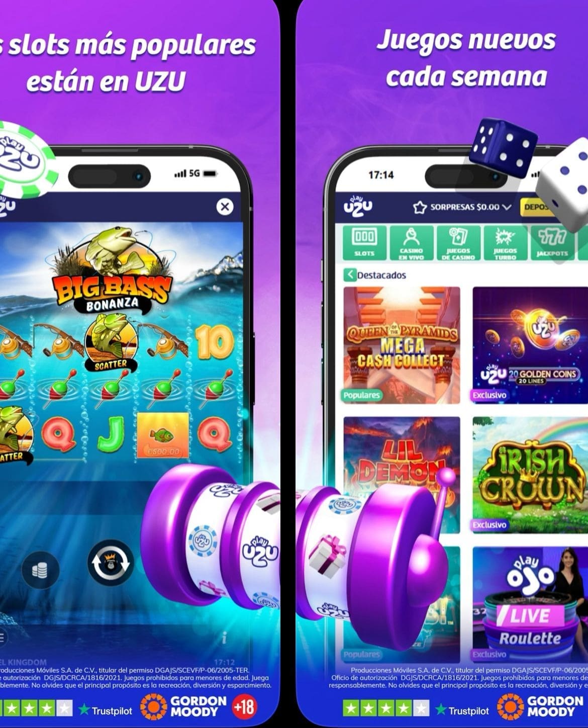 Interfaz de la aplicación móvil Playuzu mostrando tragamonedas y menú de navegación